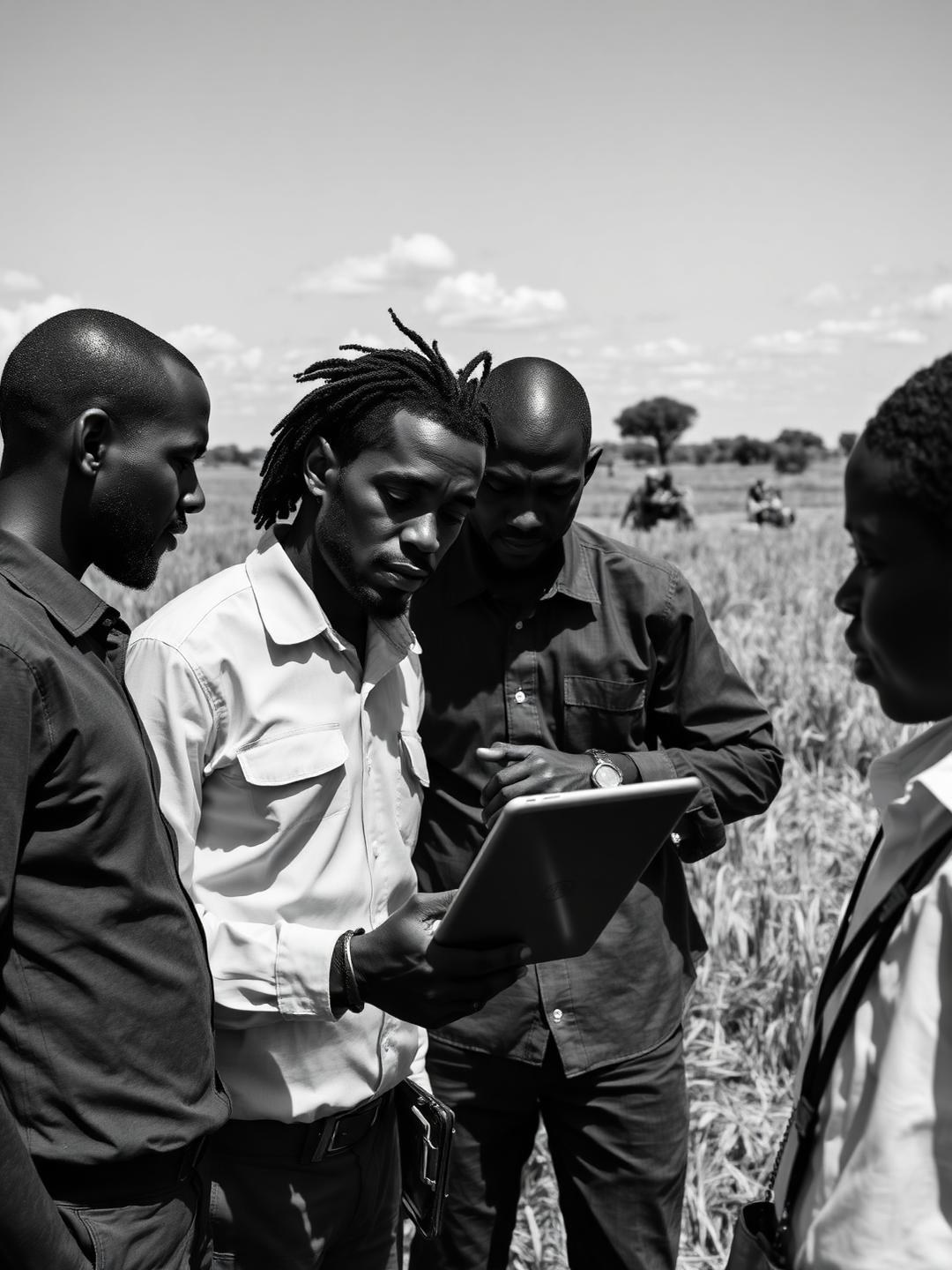 Field survey team reviewing data on a tablet.